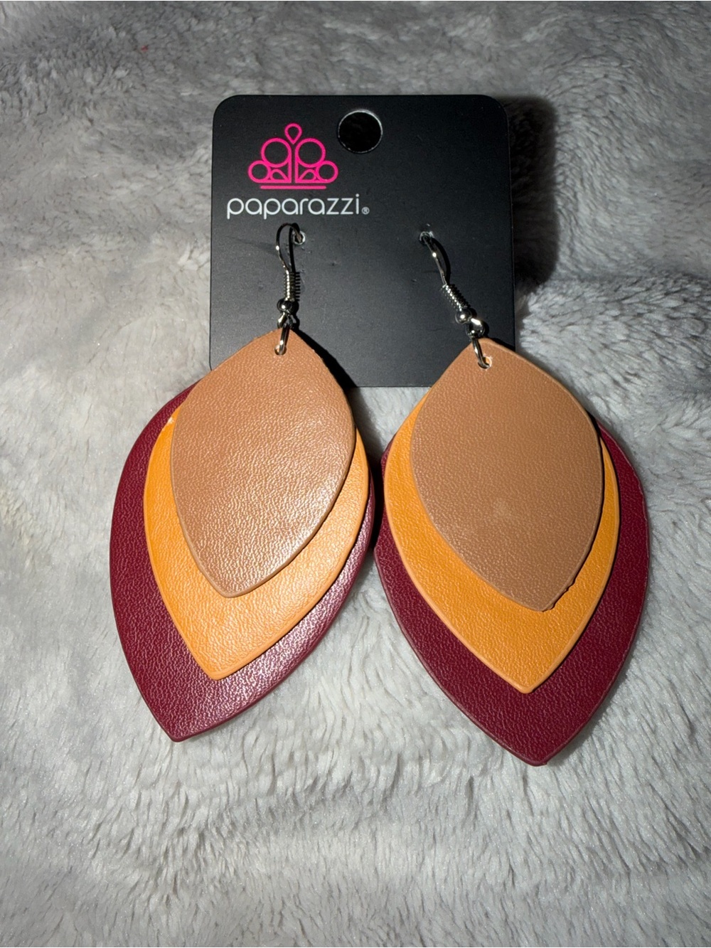 Triple-Layer Leaf Earrings - Tan, Mustard, Burgundy